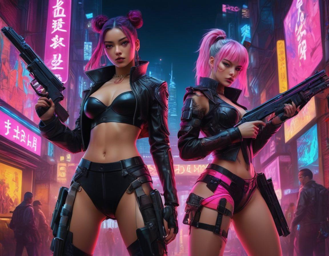 A vivid and provocative fusion of hentai art elements intertwined with gun culture motifs, featuring stylized, colorful characters posing with elaborate firearms against a dynamic graffiti backdrop. The scene should evoke a blend of sexuality and edginess, capturing the essence of both art forms in a harmonious and striking visual narrative. Neon lights illuminate the setting, enhancing the adult-oriented theme. vibrant colors. graffiti style. cyberpunk.