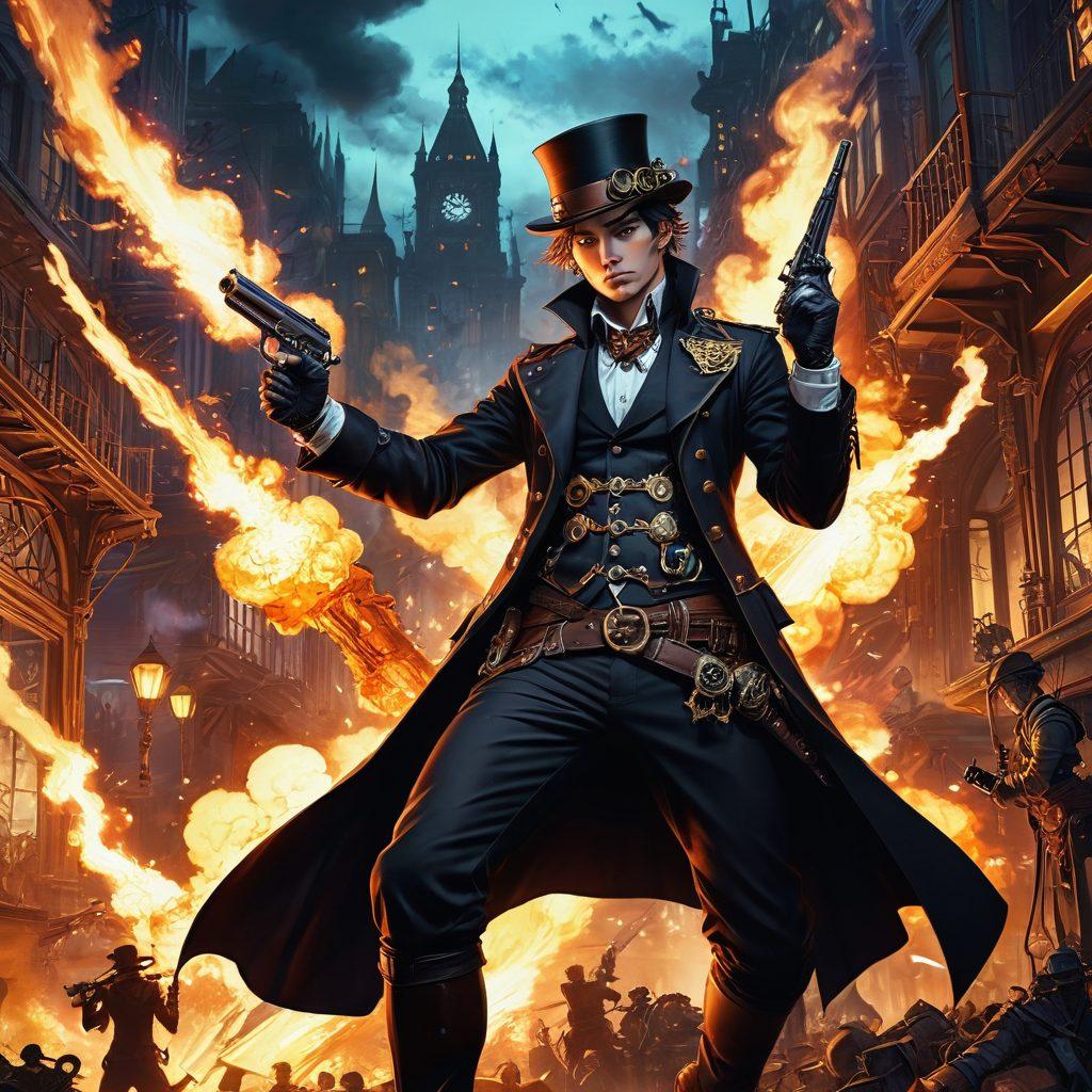 A dynamic illustration of a passionate manga artist sketching characters entwined in a steampunk-inspired world, featuring vividly drawn firearms and seductive poses. The background showcases a blend of fiery explosions and intricate weapon designs, emphasizing the fusion of art and enthusiasm. Include vibrant colors and a playful, edgy style to evoke excitement. super-realistic. vibrant colors. dramatic lighting.