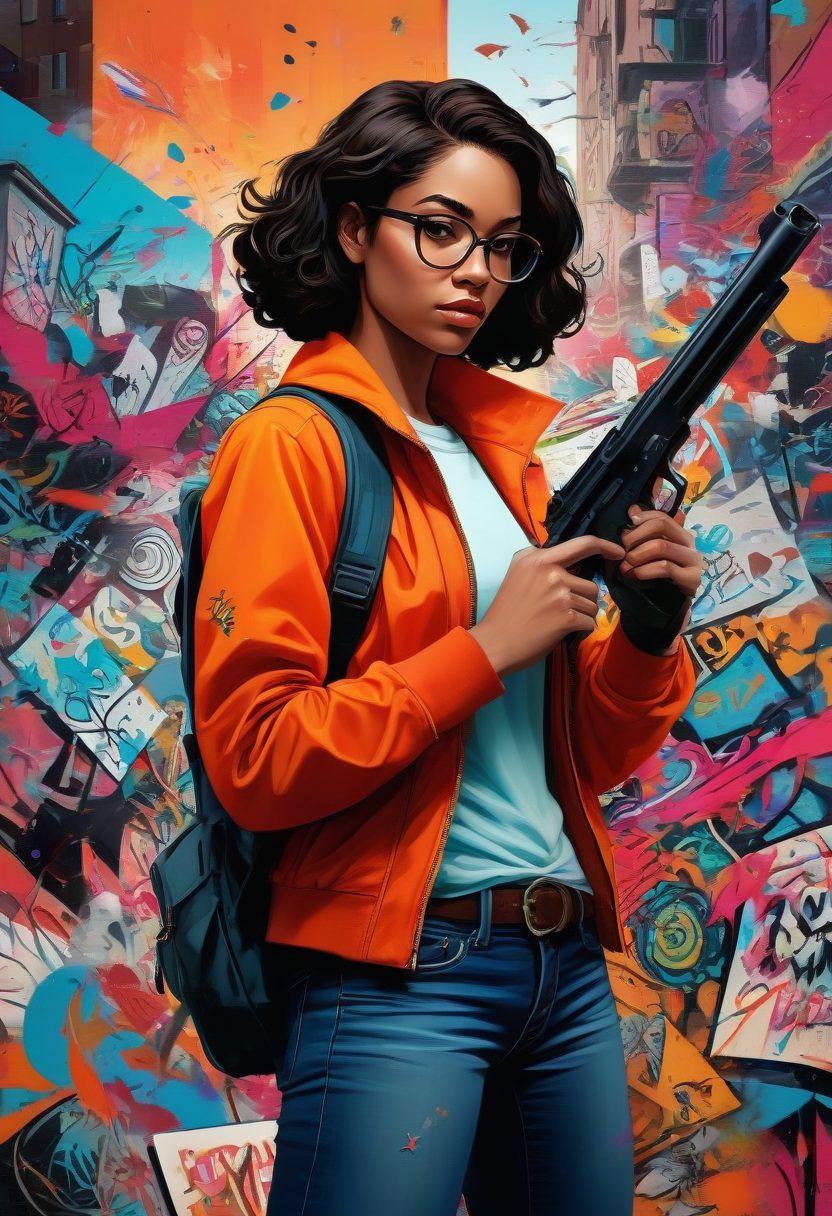 A vibrant scene showcasing an adult animation character confidently holding a stylized firearm, surrounded by comic book panels that depict various unique narratives related to gun advocacy. The backdrop features a mix of graffiti art and abstract shapes, symbolizing the fusion of creativity and bold statements. The character should embody a sense of empowerment and storytelling. Vector art. bright colors.
